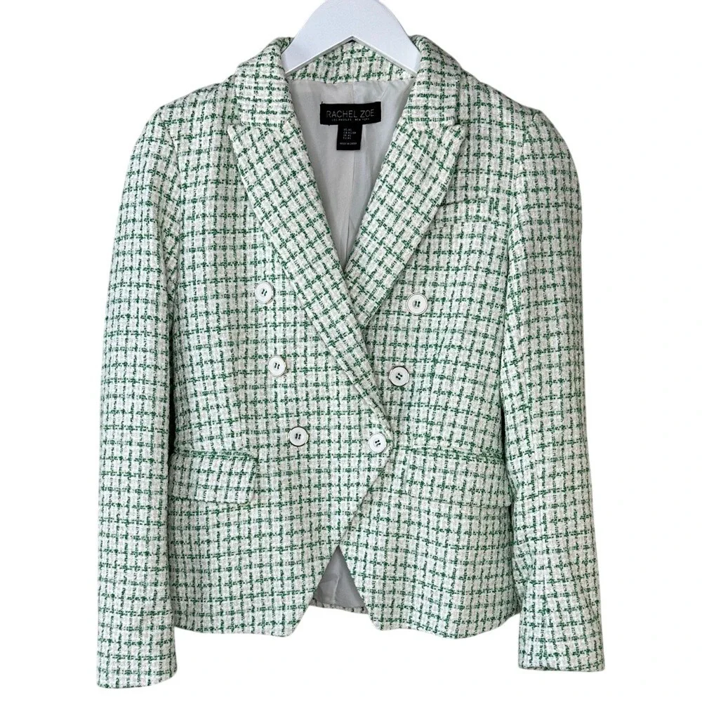 Rachel Zoe Green White Tweed Notch Collar Double Breasted Blazer Jacket Size XS - Picture 1 of 13